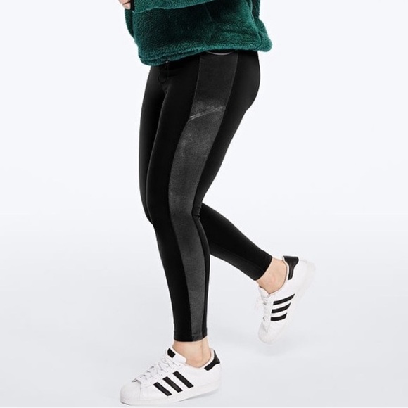 PINK Victoria Secret Black Ultimate V Velvet Stripe Leggings Size Small - Picture 1 of 5